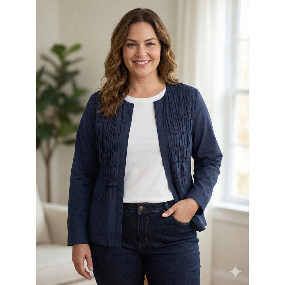 Chicos Navy Blue Ruched Collarless Jacket Blazer Women Chicos Size 3 plus size